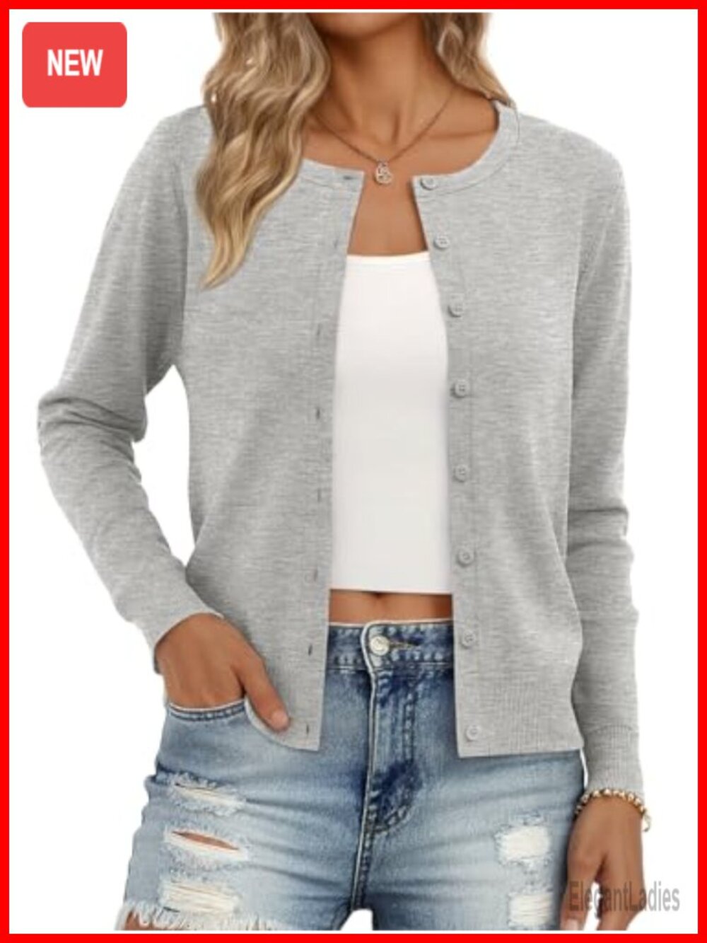 Women's Lightweight Knit Cardigan Button Long Sleeve Crew Neck Sweater